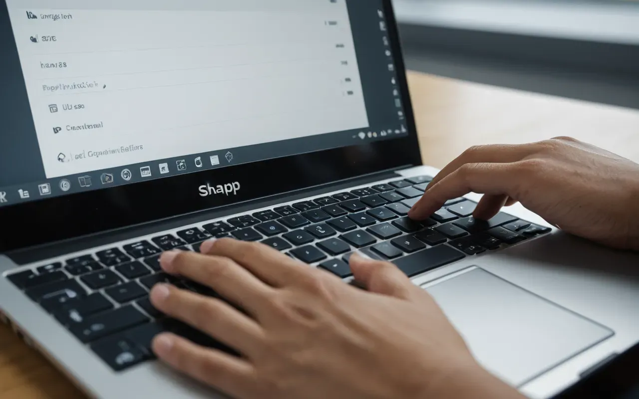 Close-up photograph of hands typing on a modern laptop keyboard in a clean office setting with blurred background showing glass partitions and soft ambient lighting emphasizing focus and productivity