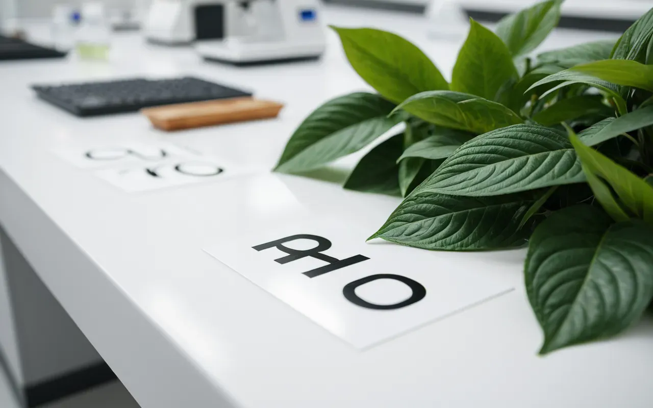 natural products research Close-up photograph of various green plant leaves arranged on a clean white laboratory bench surface with soft natural lighting and shallow depth of field highlighting organic textures and fresh moisture droplets