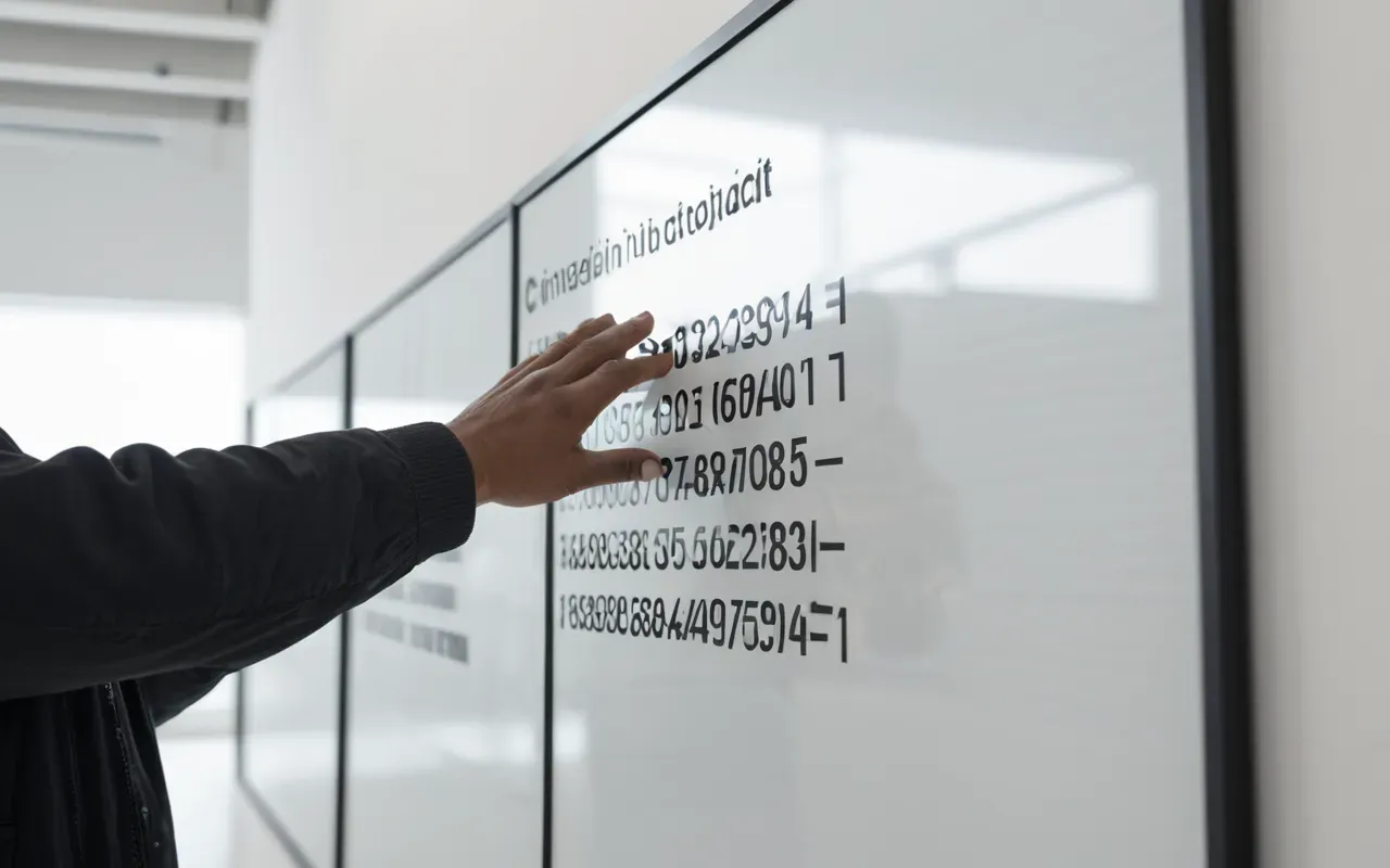 poster setup Editorial photograph of a person's hands adjusting a large printed display board in a modern gallery space with clean white walls and soft diffused lighting from above