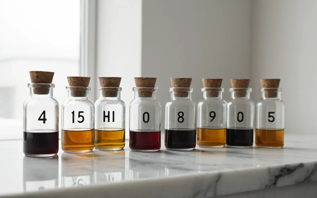 chemical compound analysis Editorial still life of glass vials with amber liquids on a white marble surface, soft natural window light, minimalist composition, no text visible