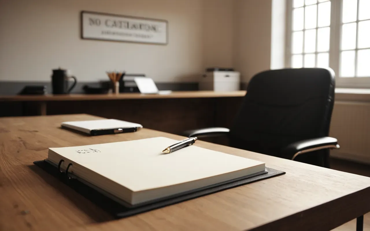researcher workspace Interior of a modern minimalist academic office with a single desk chair, open notebook and pen on the wooden surface, soft warm afternoon light through large windows, clean neutral color palette, no visible text or signage