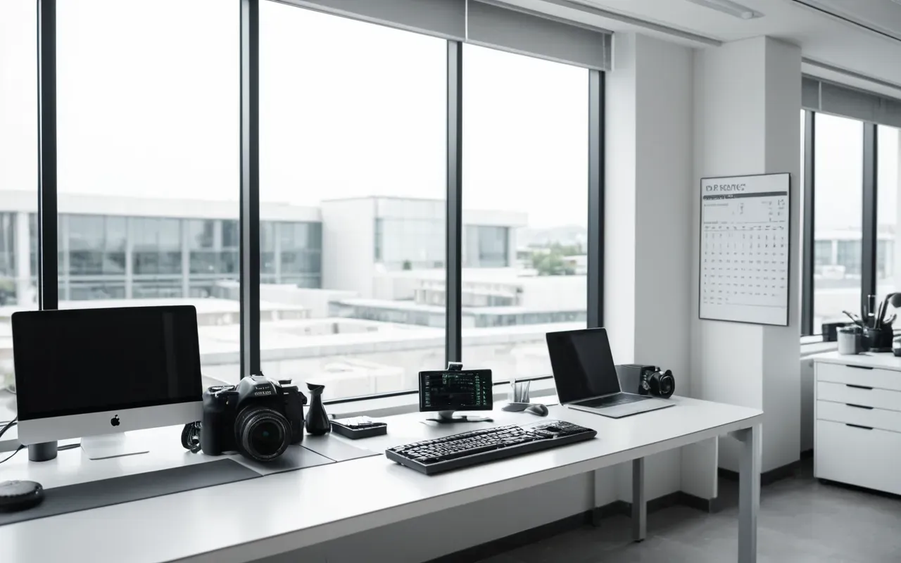 health innovation Interior of a modern minimalist office space with large glass windows and natural light, featuring neatly organized scientific instruments on a white desk, clean editorial style