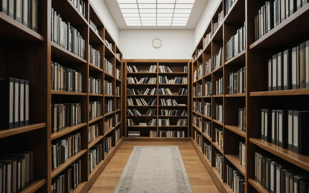 Interior view of a modern minimalist library study area with wooden bookshelves filled with neat stacks of documents and research materials under soft warm lighting creating an inviting academic atmosphere