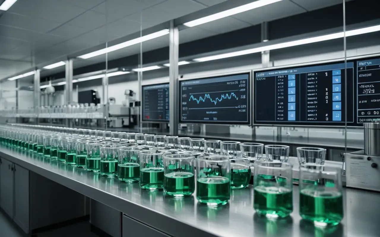 research environment Interior view of a modern research laboratory with rows of glass beakers on metal shelves and digital display screens showing real-time temperature readings under bright fluorescent lighting