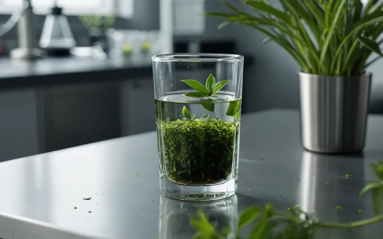 organic chemistry bioassay Macro shot of a modern glass beaker containing clear liquid and green plant fragments on a stainless steel laboratory table with blurred scientific equipment in the background and bright clinical lighting