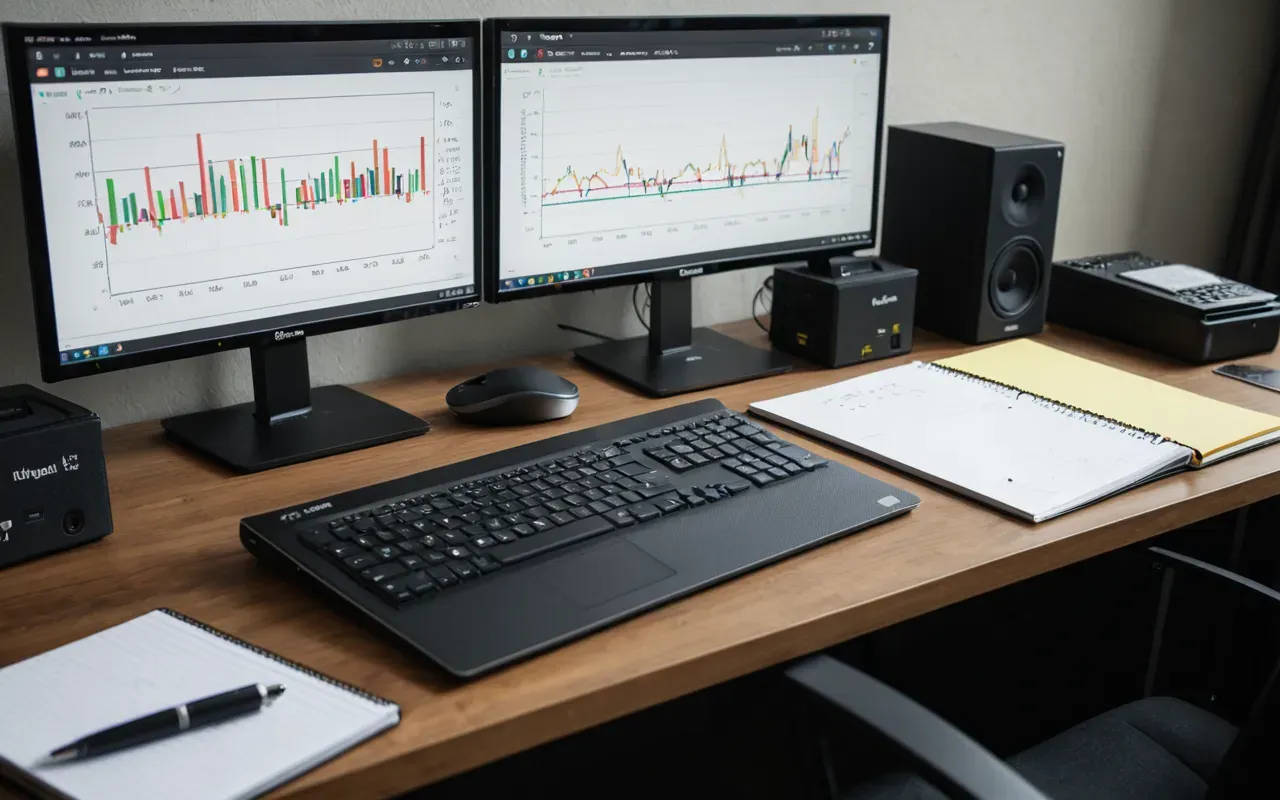 data visualization Overhead shot of a modern desk with two computer monitors displaying colorful line graphs and scatter plots alongside a notebook filled with handwritten calculations under soft ambient light