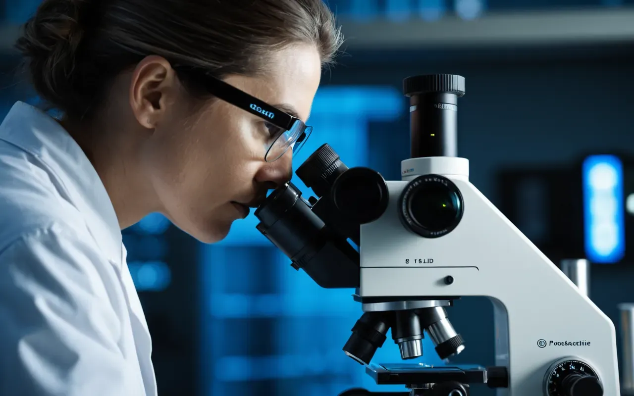 microscopy analysis Side profile of a focused scientist wearing protective glasses looking through a microscope in a dimly lit laboratory with blue accent lighting and blurred background equipment