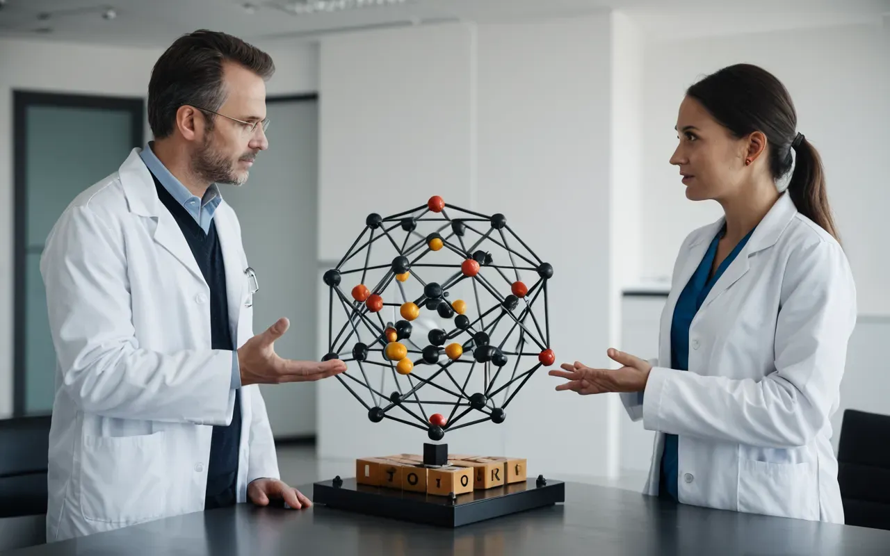 team discussion Two scientists in white lab coats standing near a large molecular model structure on a table discussing details while gesturing with hands in a bright modern office space