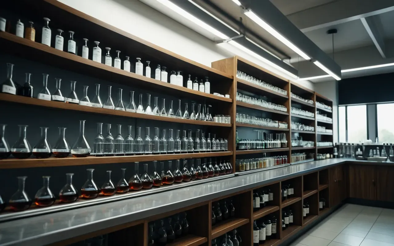 health science research lab Wide angle view of a modern laboratory interior featuring rows of glass flasks and test tubes on wooden shelves with bright overhead lighting creating sharp shadows and a clean organized scientific workspace atmosphere