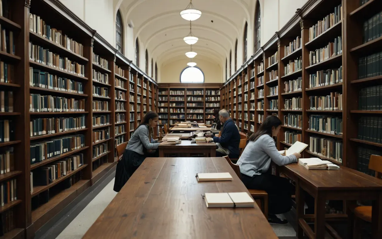 scientific literature research setting Wide editorial photograph of a modern scientific library interior with tall bookshelves filled with binders and journals, two people reading at long wooden tables near large windows, warm natural daylight, clean neutral tones, no visible text or signage