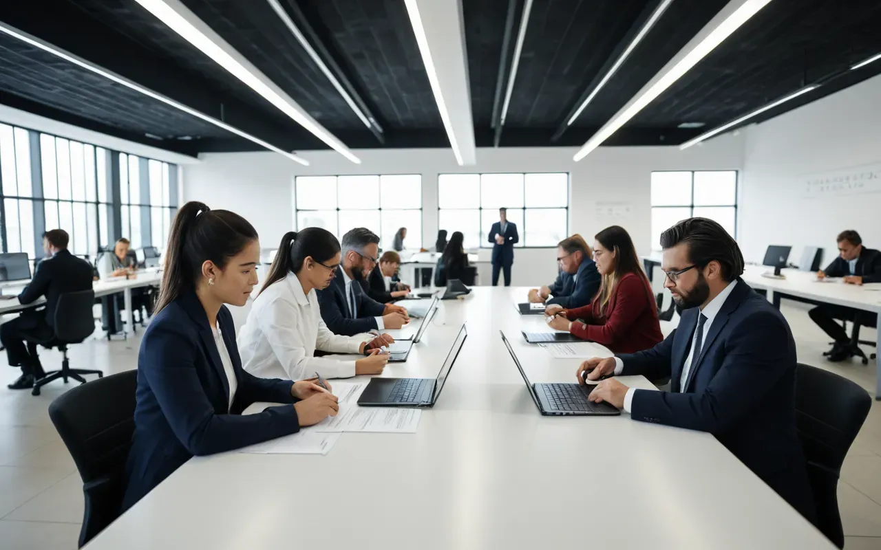 Wide shot of a modern collaborative workspace with multiple researchers seated around glass tables reviewing documents and data on tablet devices under bright even lighting in an open plan office environment