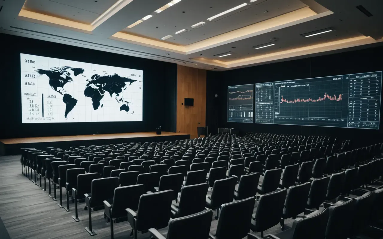 Wide shot of a modern conference hall interior with rows of empty seats facing a large projection screen displaying abstract scientific charts and data visualizations in high contrast colors under soft ambient lighting