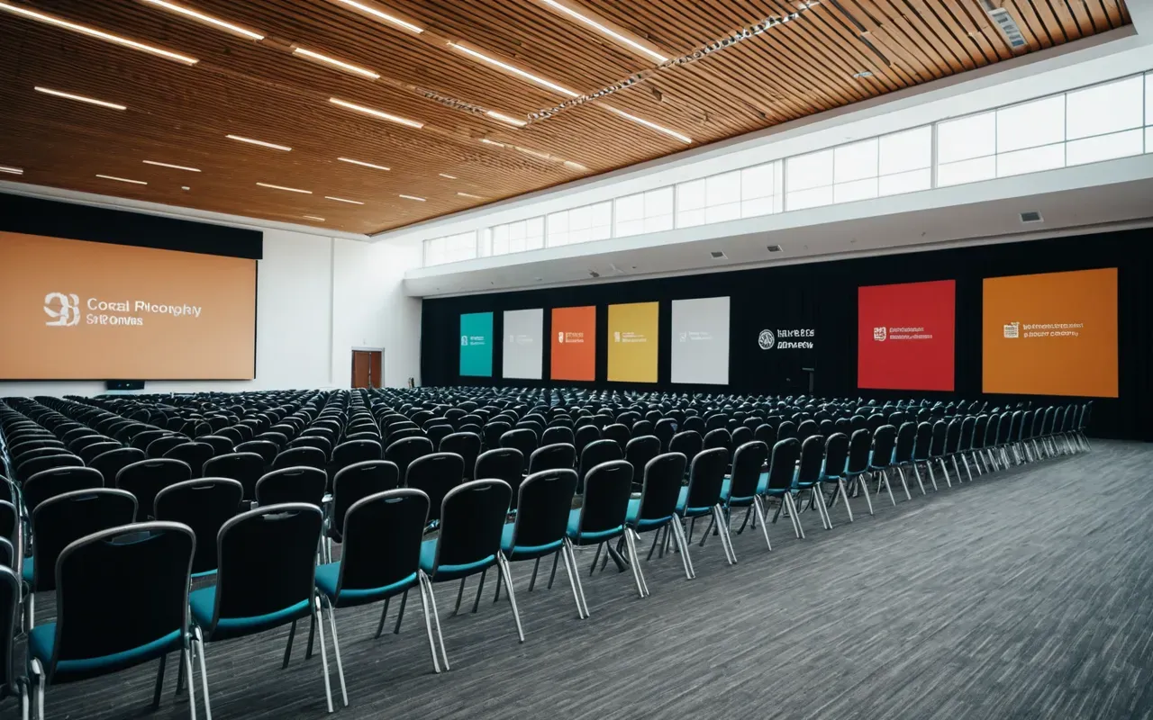 scientific research poster Wide shot of a modern conference hall with rows of colorful presentation boards standing in the background and empty chairs in the foreground under bright overhead lighting