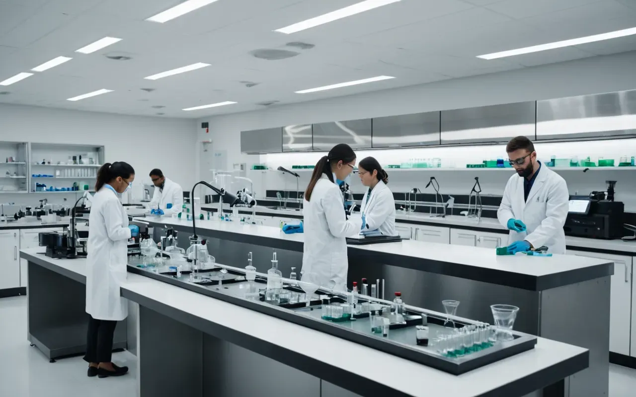 scientific researcher collaboration Wide shot of a modern laboratory with multiple scientists in white coats working at separate benches with glassware and instruments, bright neutral lighting, clean minimalist interior design, no visible signage or text