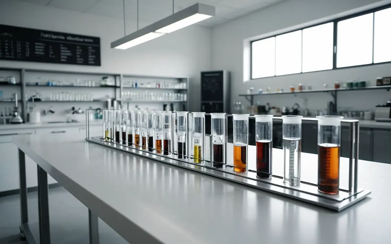 natural products Wide shot of a modern minimalist laboratory interior with glass beakers and test tubes on a clean white countertop, soft natural daylight streaming through large windows, editorial photography