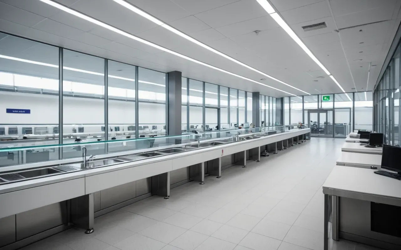 modern research facility environment Wide shot of a modern research facility interior with glass walls and clean white surfaces, soft ambient lighting, professional architectural photography style