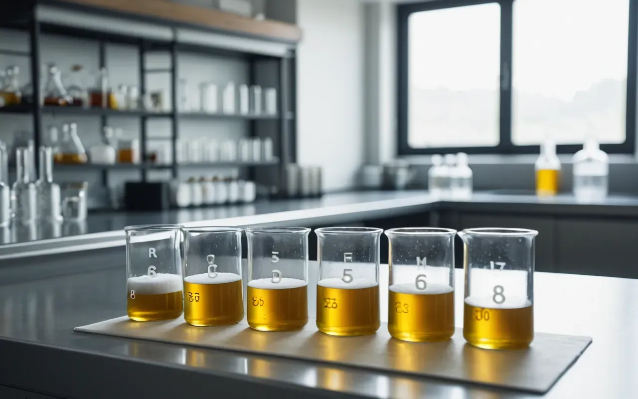 laboratory chemistry setup A bright modern laboratory bench with glass beakers containing golden amber liquids and white powders under natural light.