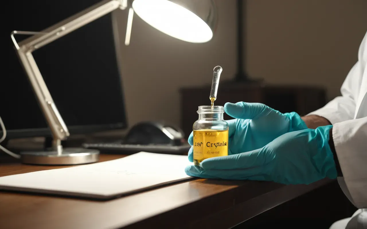 crystalline alkaloid sample A close-up of a researcher's gloved hand holding a small glass vial containing a pale yellow crystalline solid under warm desk lamp lighting on a clean white laboratory bench with blurred background equipment
