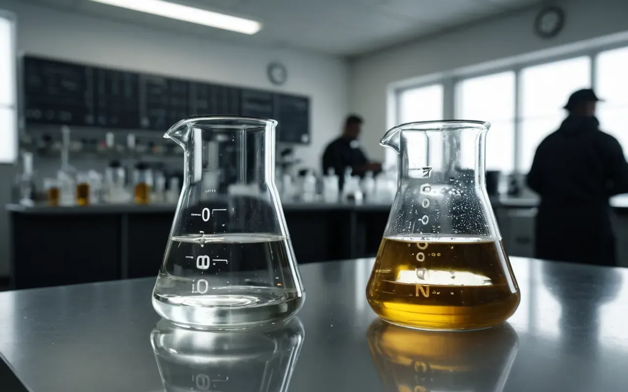 laboratory glassware A close-up photo of two glass beakers in a modern laboratory. One contains a clear liquid and the other has a slightly different hue. Soft natural light highlights the transparency of the glass.