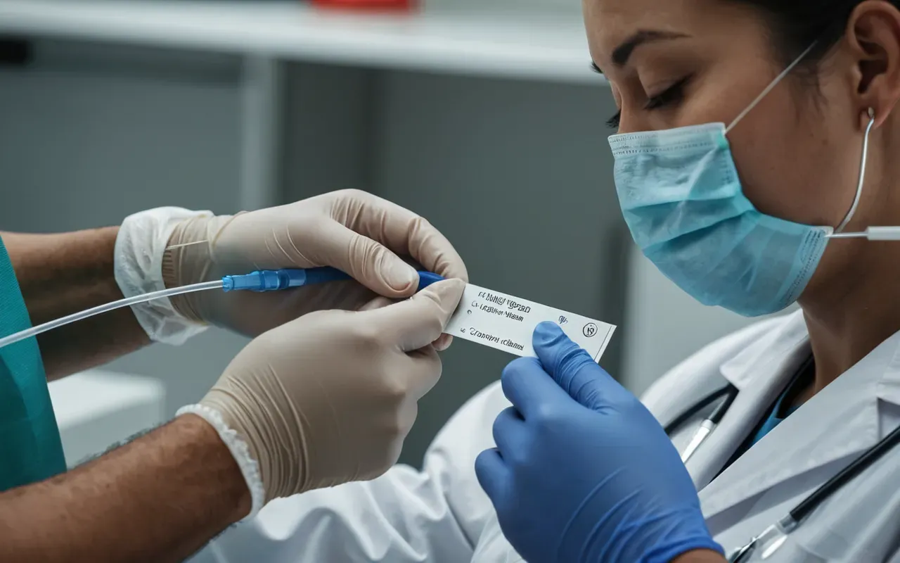 A close-up view of a medical professional adjusting an intravenous line in a bright clinical setting, sterile gloves visible on hands holding the tubing near a patient's arm covered by a white sheet, soft natural light from a nearby window creating gentle shadows, focused and calm atmosphere typical of acute care environments.