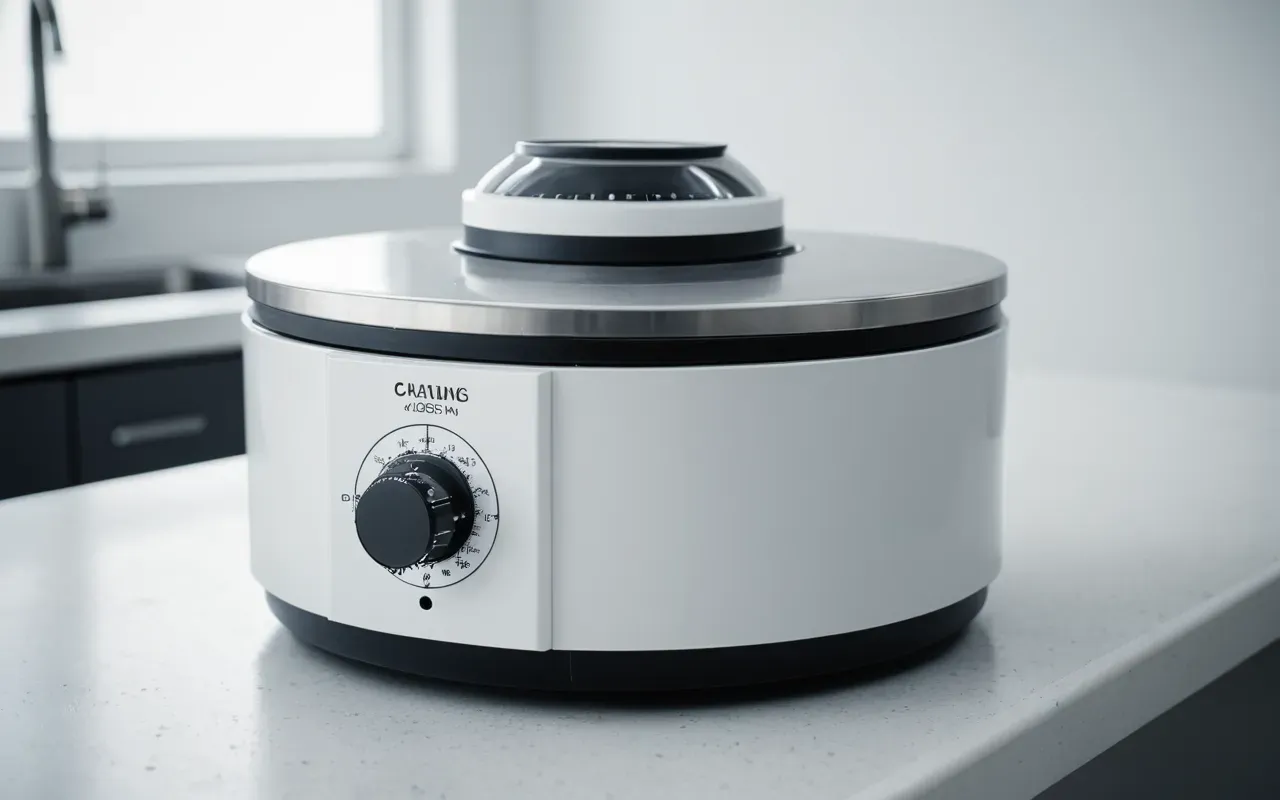 A close up view of a modern centrifuge machine sitting on a clean white laboratory bench. The device is silver and black with a circular lid. Soft ambient light reflects off the metallic surface.
