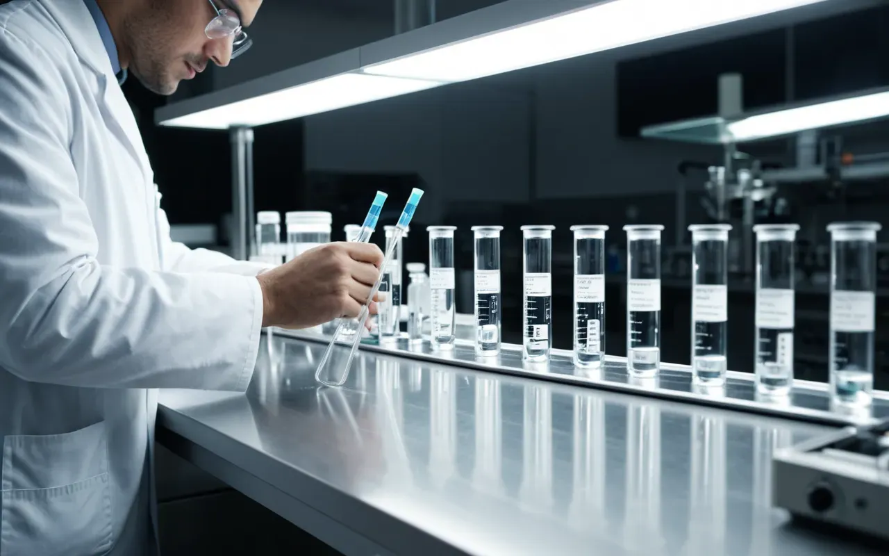 A close up view of a modern laboratory bench with glass beakers and pipettes under bright white lighting. A researcher in a white coat is carefully adjusting equipment near a digital display showing abstract chemical structures.
