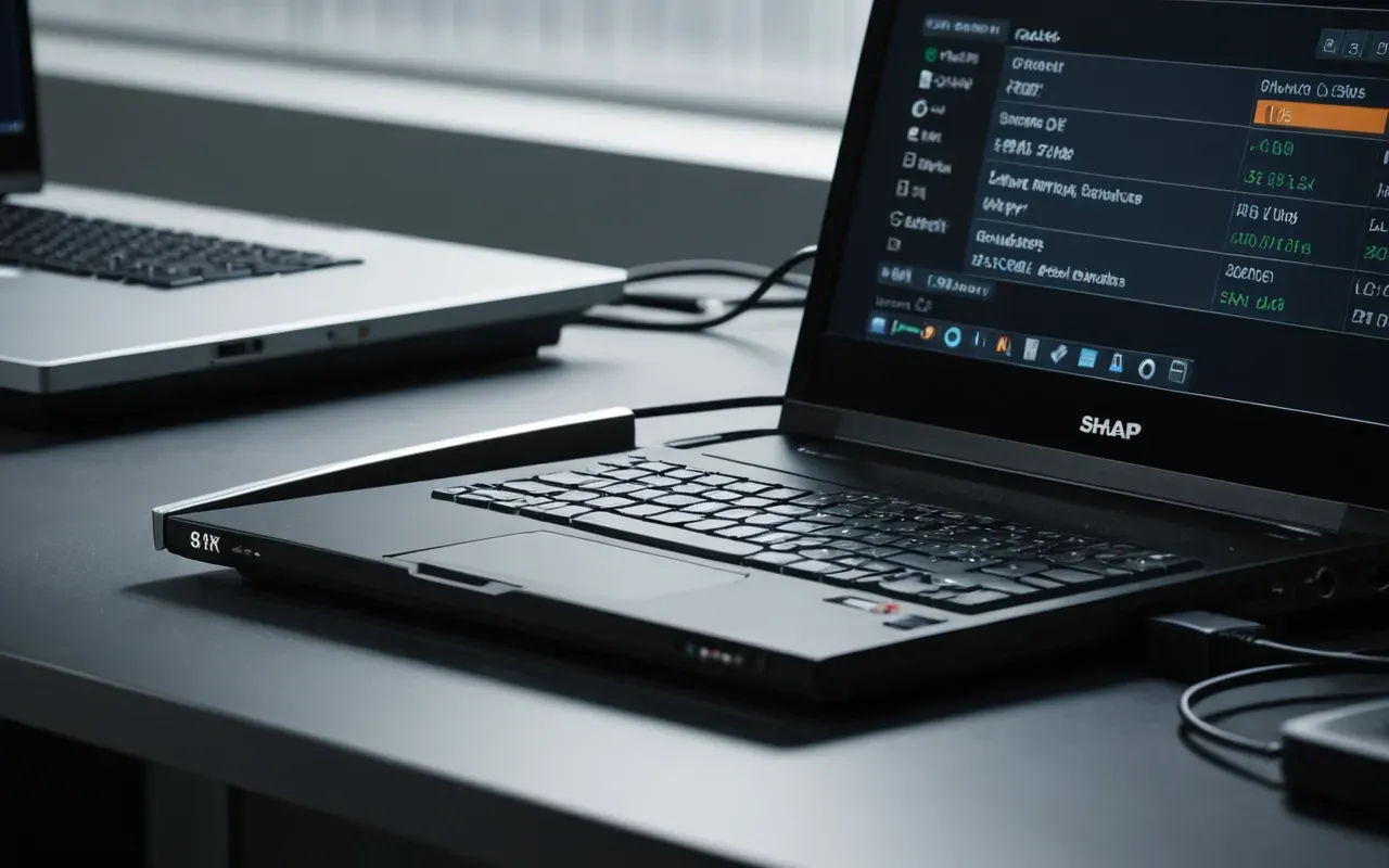 A close-up view of a modern laboratory workstation with a high-end hard drive being plugged into a laptop in a dimly lit office setting. The scene is realistic and detailed, showing cables and scientific equipment in the background without any visible text or logos.