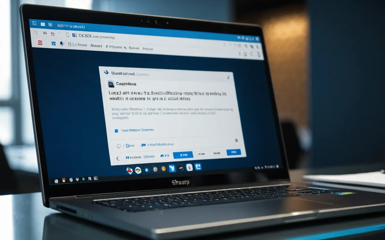 A close-up view of a modern laptop screen displaying social media comments in a dimly lit office. The lighting is cool and blue, highlighting the glass surface. A coffee cup sits nearby on a wooden desk.