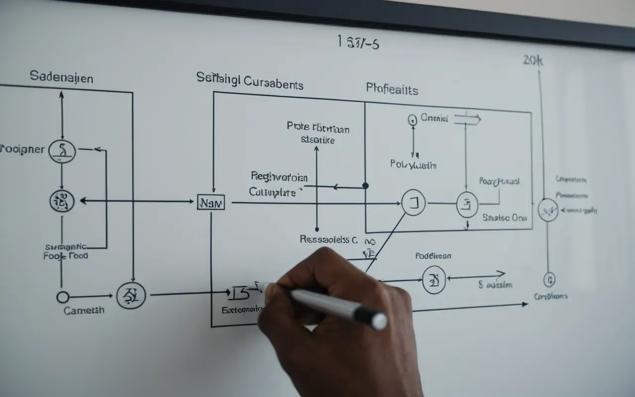 logic diagram research process A close-up view of a whiteboard covered in complex logical diagrams and flowcharts. A hand points to a specific node in the network while soft natural light illuminates the scene from a nearby window.