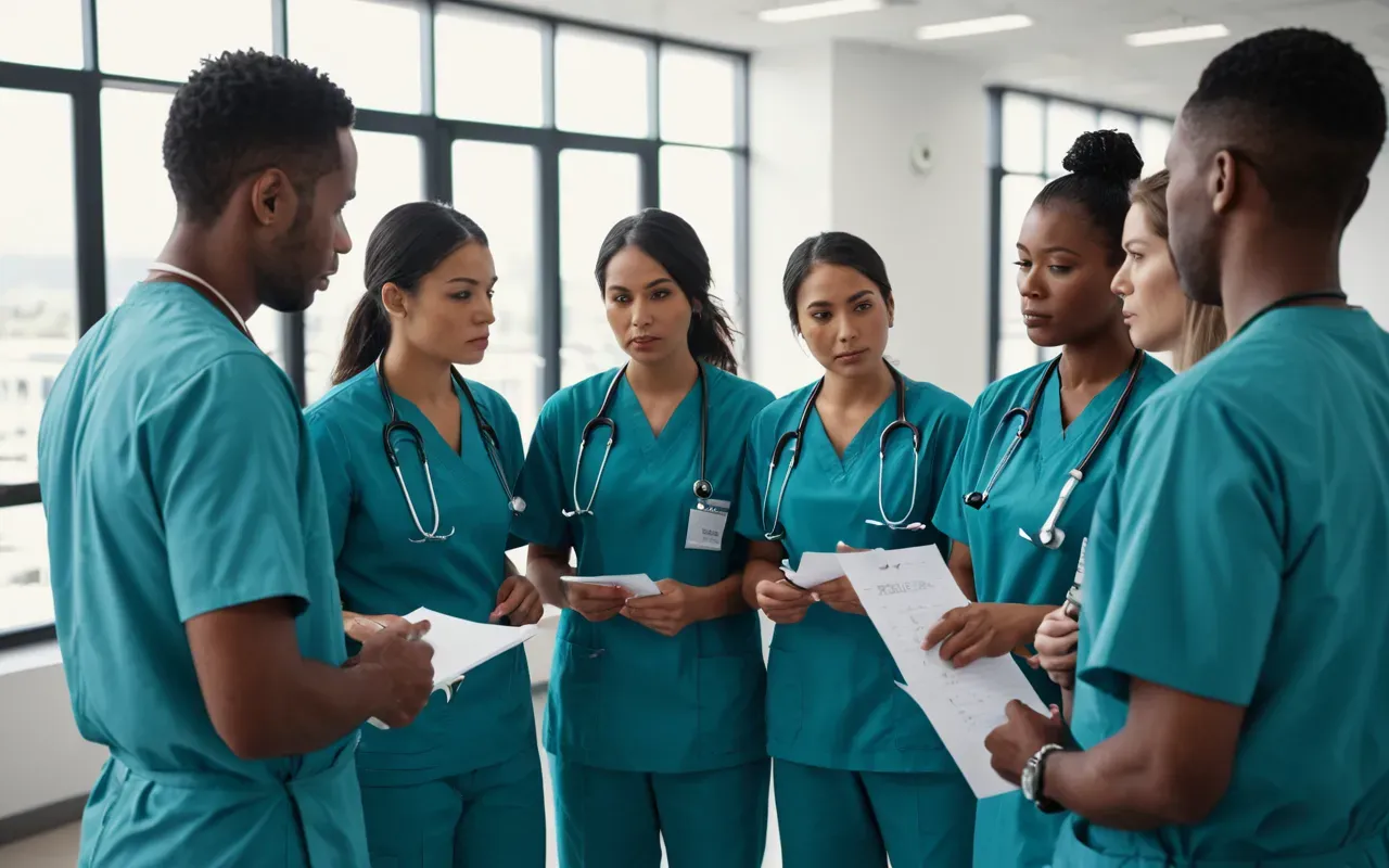 team collaboration A diverse group of healthcare workers standing in a circle discussing notes with serious expressions in a bright modern office.