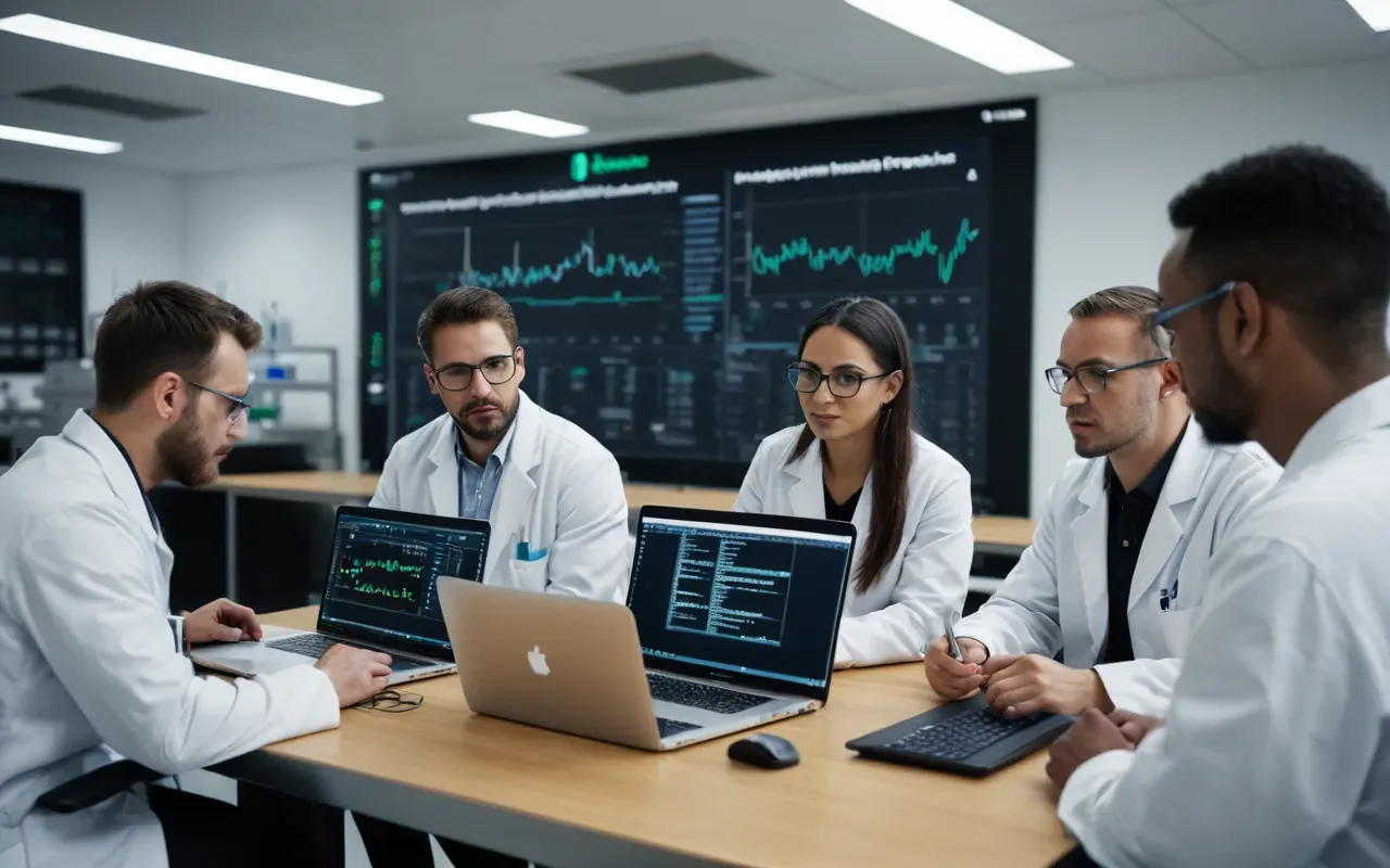 A diverse group of scientists in a modern laboratory discussing data security protocols around a table. The atmosphere is professional and focused, with laptops open but no screens visible to the viewer.