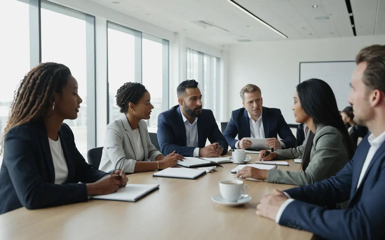 A group of diverse professionals in a bright modern conference room discussing around a table with notebooks and coffee cups under natural daylight from large windows