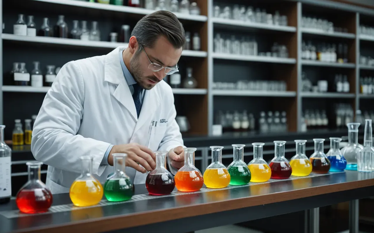 lab research chemical analysis A laboratory bench with several glass flasks containing colorful liquids. A researcher in a white coat carefully observes the reaction while standing near shelves stacked with neatly arranged lab equipment.