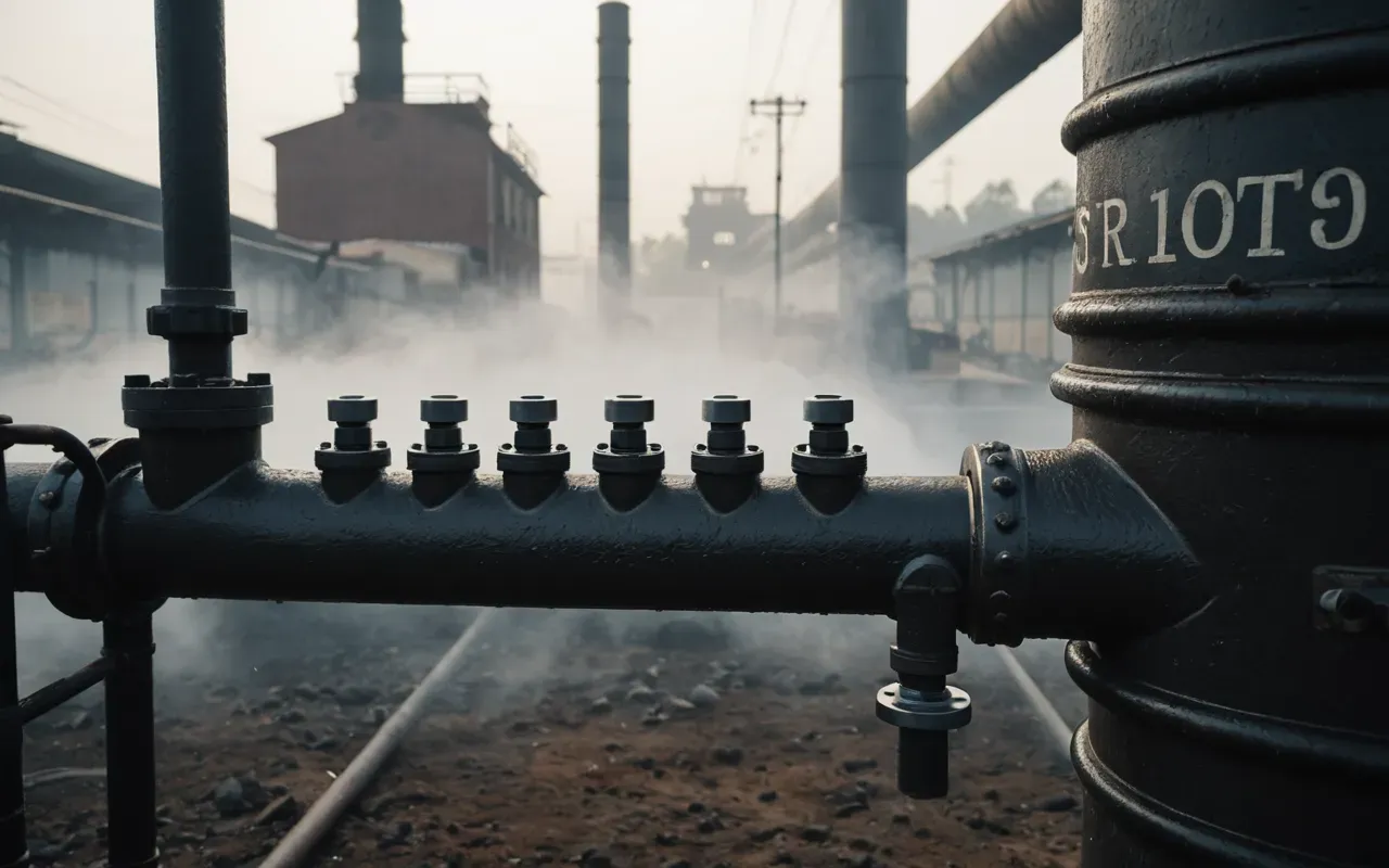 industrial biorefinery pipes A large industrial pipe network with steam rising from valves in a foggy early morning setting.