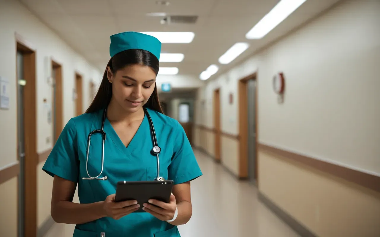 clinical leadership A modern hospital corridor with warm ambient lighting and a nurse walking away from the camera holding a tablet device in her hand.