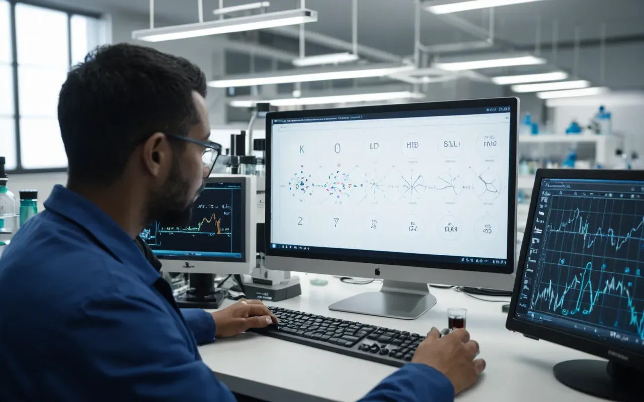 A modern laboratory scene with a scientist holding a vial of clear liquid while looking at a computer monitor displaying complex molecular diagrams. The room has cool blue lighting and stainless steel surfaces.