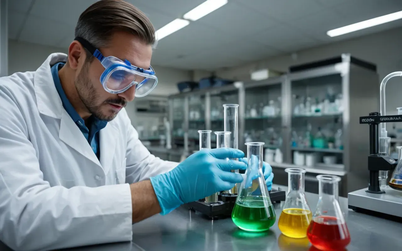 A modern laboratory scene with a scientist wearing safety goggles and gloves handling glass vials filled with colored liquids. Bright overhead lighting illuminates the stainless steel bench top. Shelves in the background hold neat rows of clear plastic containers and beakers.