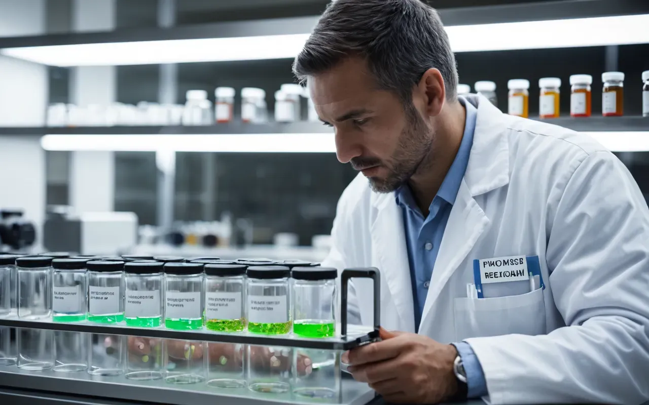 A modern laboratory setting with a researcher in white lab coat examining transparent cylindrical containers filled with layered gel materials under bright fluorescent lighting