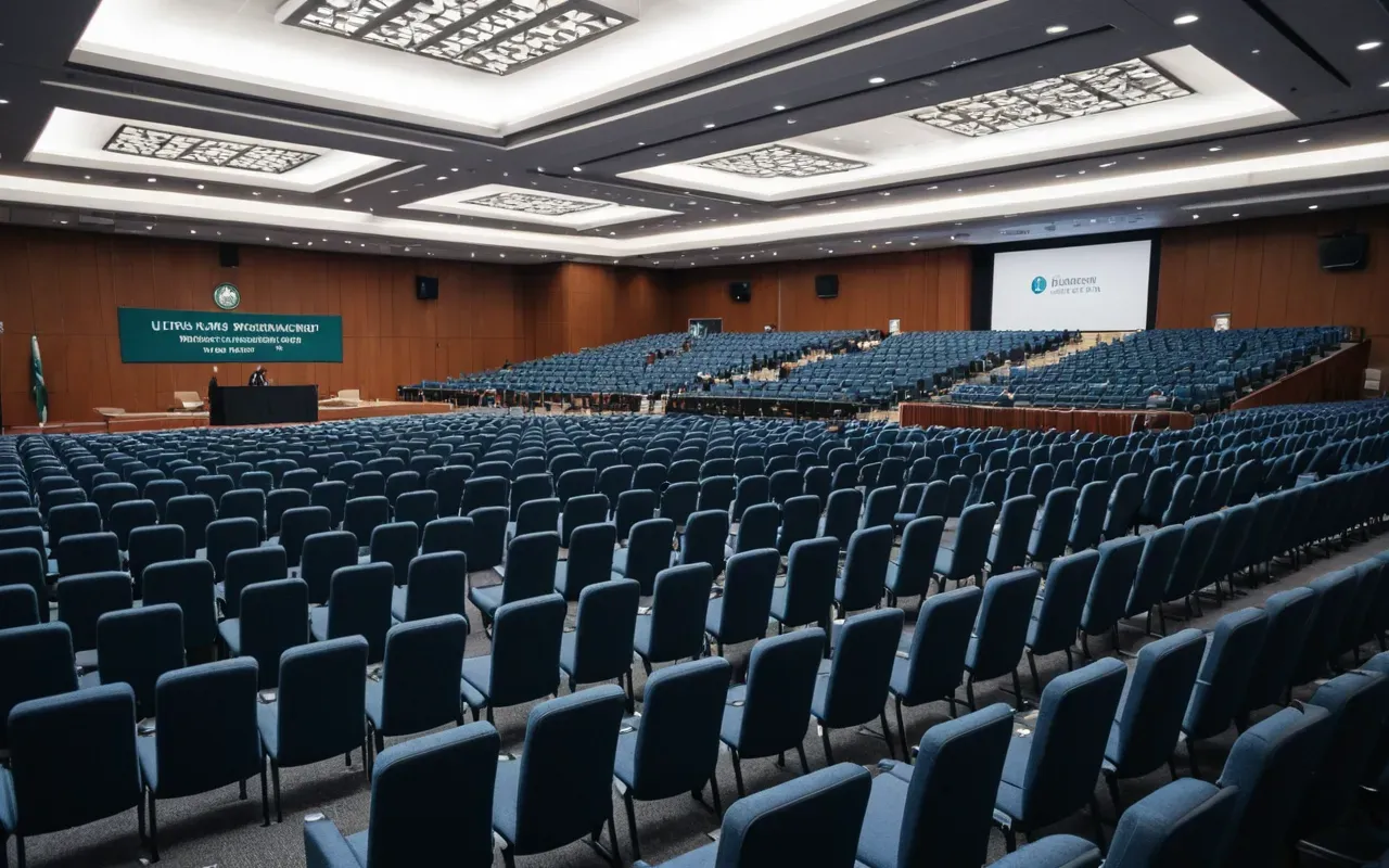 A modern medical conference hall filled with attendees in professional attire, bright overhead lighting illuminating rows of seating, a large stage visible at the far end with sleek podiums and screens, clean white walls and polished floors reflecting soft ambient light, capturing the scale and anticipation of a major scientific gathering.