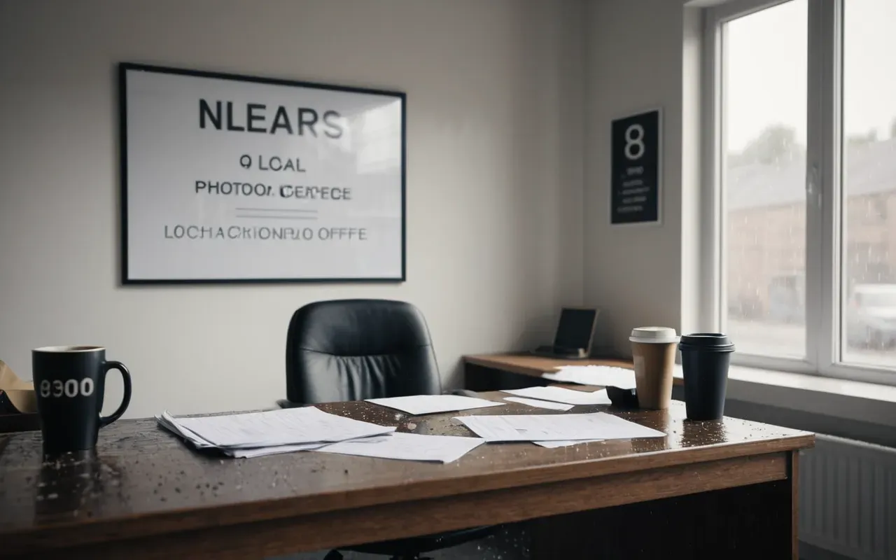 A modern minimalist office interior with a large desk holding scattered papers and coffee cups near a rain-streaked window in the background