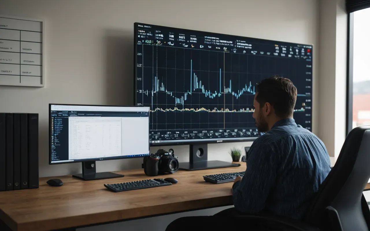 mathematician workspace AI A modern office space with a large monitor displaying abstract geometric patterns and code lines in the background. A person sits at a wooden desk looking thoughtful, holding a pen over a notebook filled with handwritten equations.