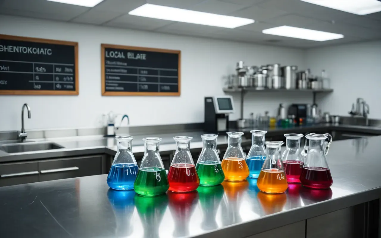 organic chemistry lab A modern organic chemistry laboratory with glassware filled with colorful liquids on a stainless steel benchtop, bright fluorescent lighting reflecting off glass surfaces, safety goggles resting near a fume hood in the background