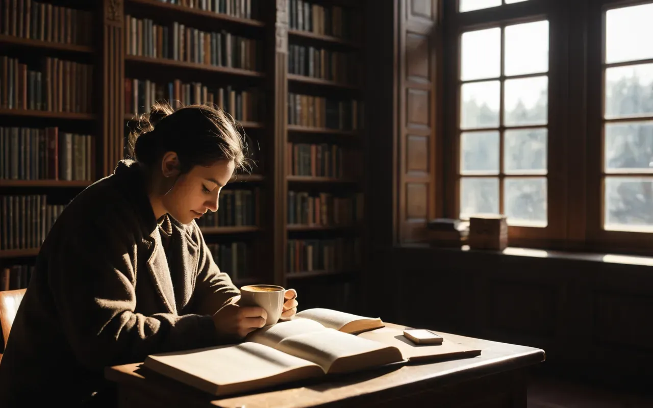 quiet study scientific reading A quiet library corner with a single desk facing a large window. A person reads an open book while sipping coffee in the soft evening light that casts long shadows across the floor.