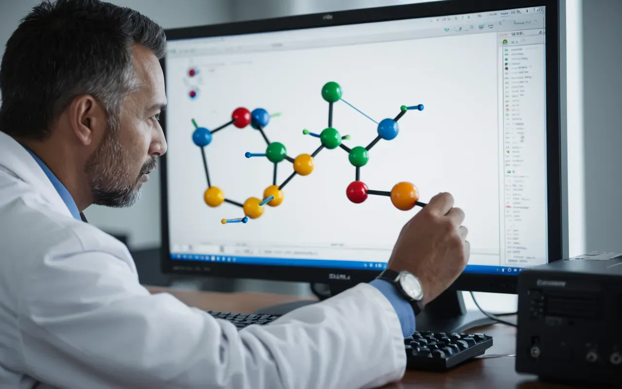 molecular modeling analysis A researcher in a white lab coat examining a computer screen displaying molecular structure models with colorful ball-and-stick representations, soft ambient lighting from an office window on the right side of the frame