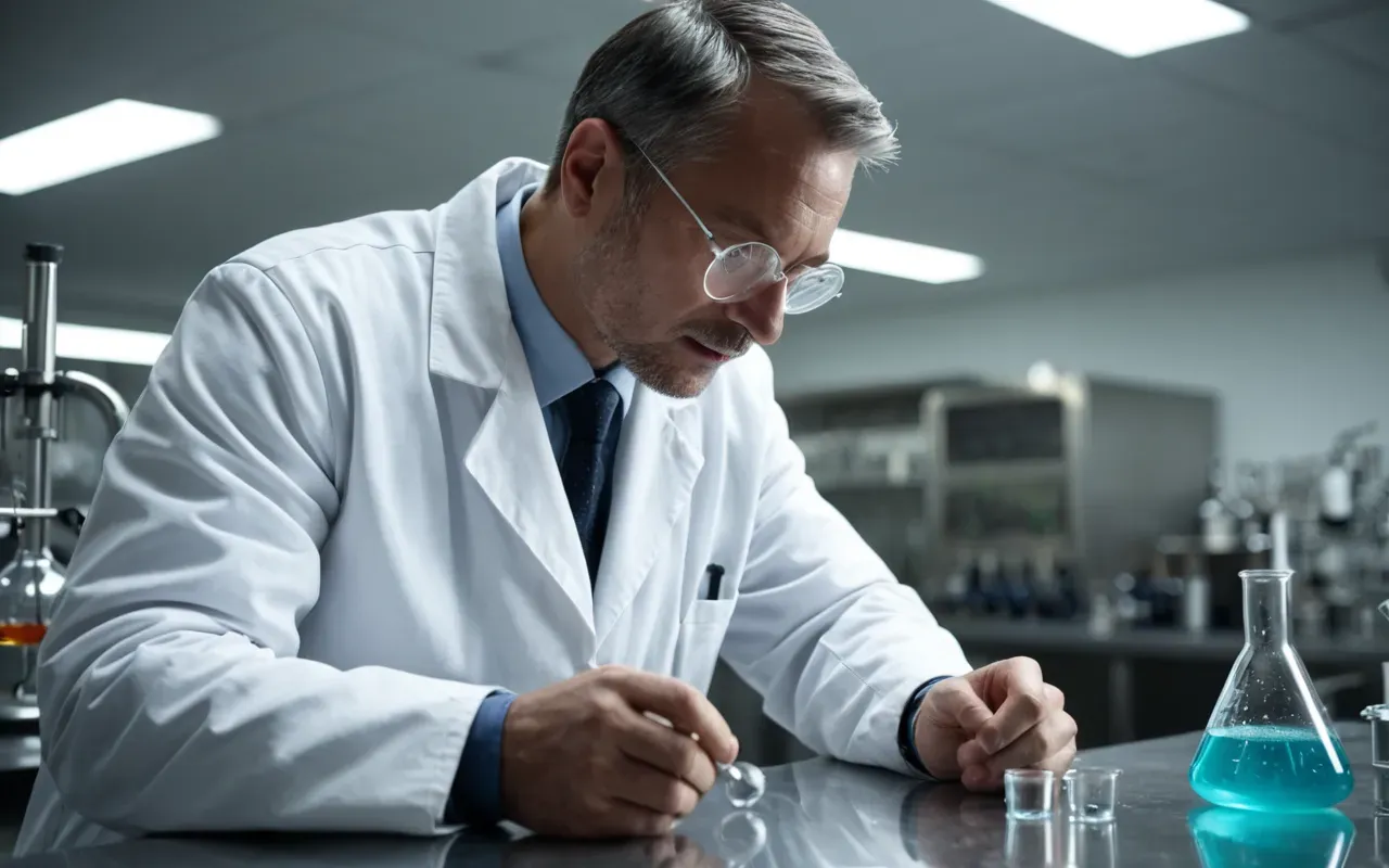 chemical synthesis observation A scientist in a white coat observing a chemical reaction in a round-bottom flask. The liquid inside is swirling gently under bright laboratory lighting.