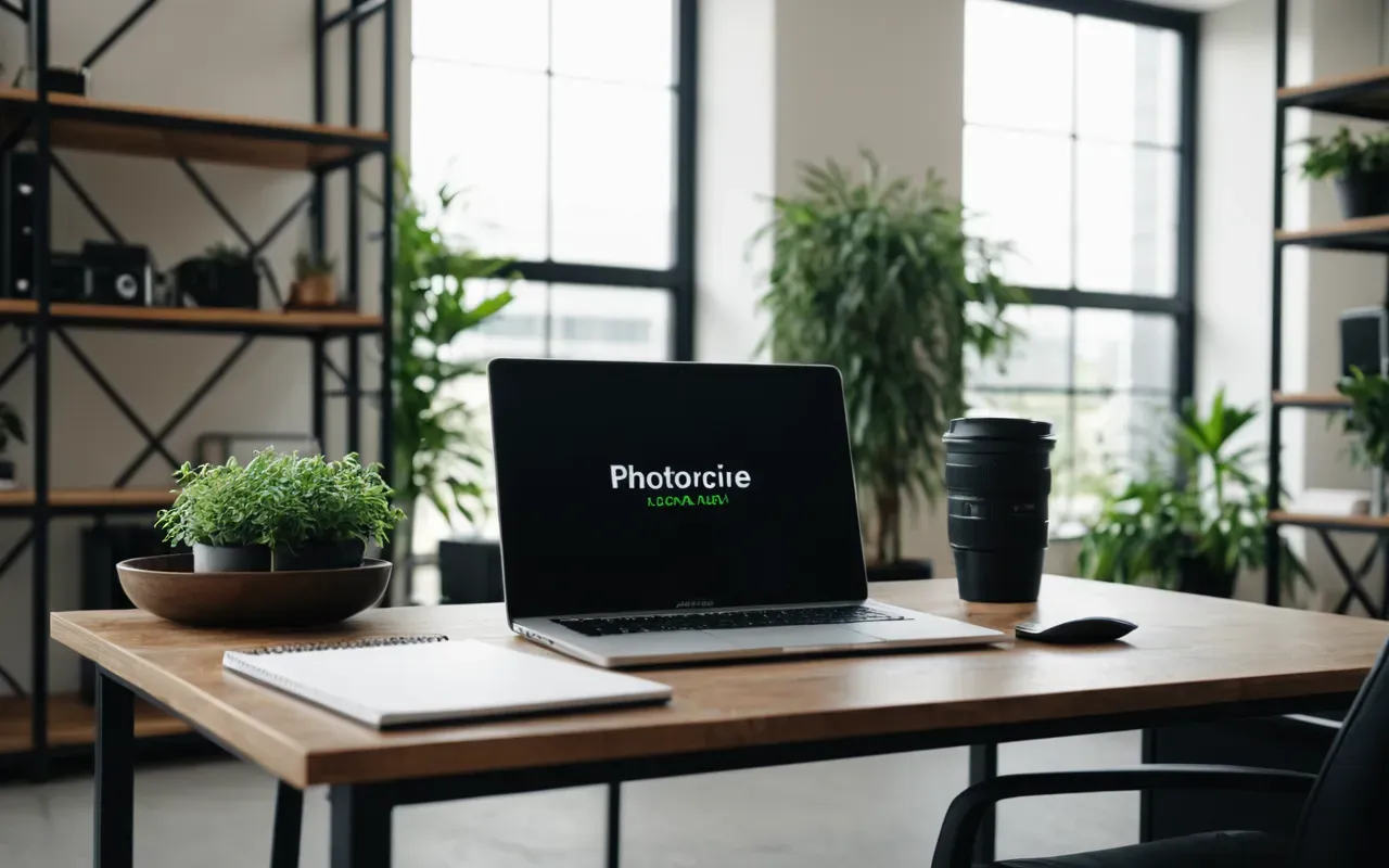 A view of a modern office space with large windows letting in natural daylight. A desk holds a laptop and a notebook. In the background, green plants sit on shelves.