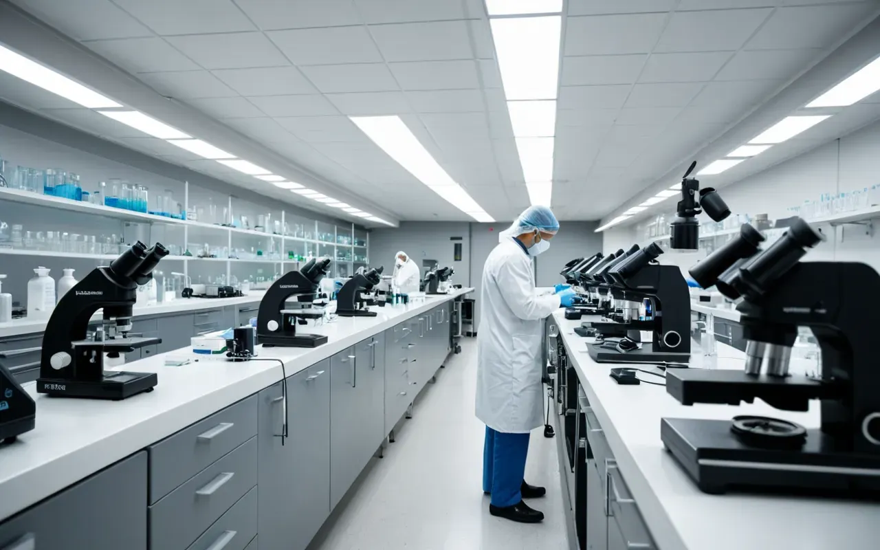 A wide shot of a modern laboratory with rows of microscopes and glassware. The lighting is bright and sterile. A researcher in white protective clothing adjusts an instrument.