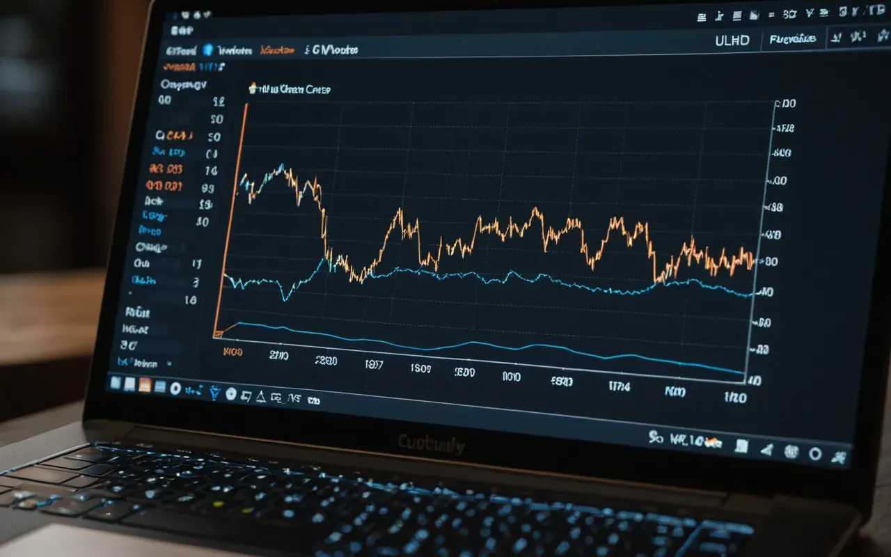 data analysis tool display Close-up of a laptop screen displaying a data visualization chart with multiple overlapping lines in blue and orange colors against a dark background interface partially visible over a wooden table surface.