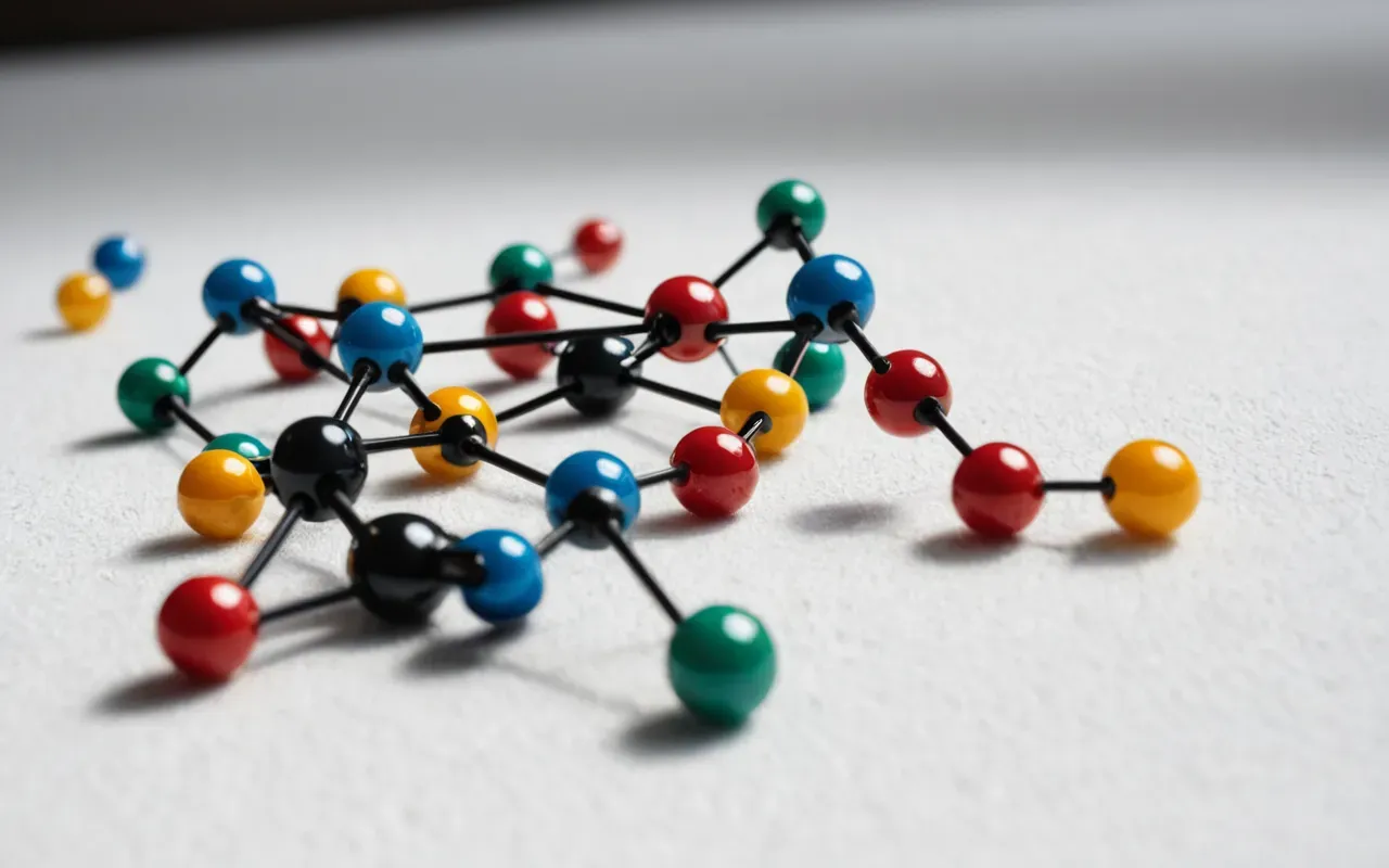 Close-up of a molecular model with colorful spheres representing atoms and bonds on a clean white surface.