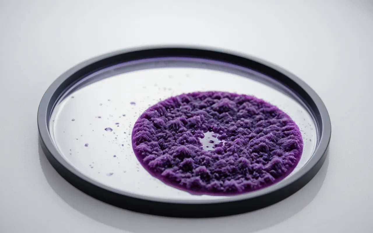 Close-up of a petri dish with irregular purple microbial growth patterns on a white surface under bright clinical lighting and shallow depth of field
